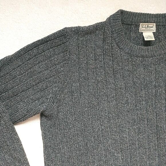 LL Bean Sweater Mens L Tall Gray LambsWool Elbow Patches Rib Knit Chunky Outdoor - Picture 2 of 6